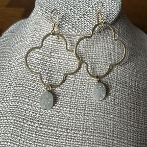 Druzy Quartz and Matte Antique Gold Quatrefoil earrings